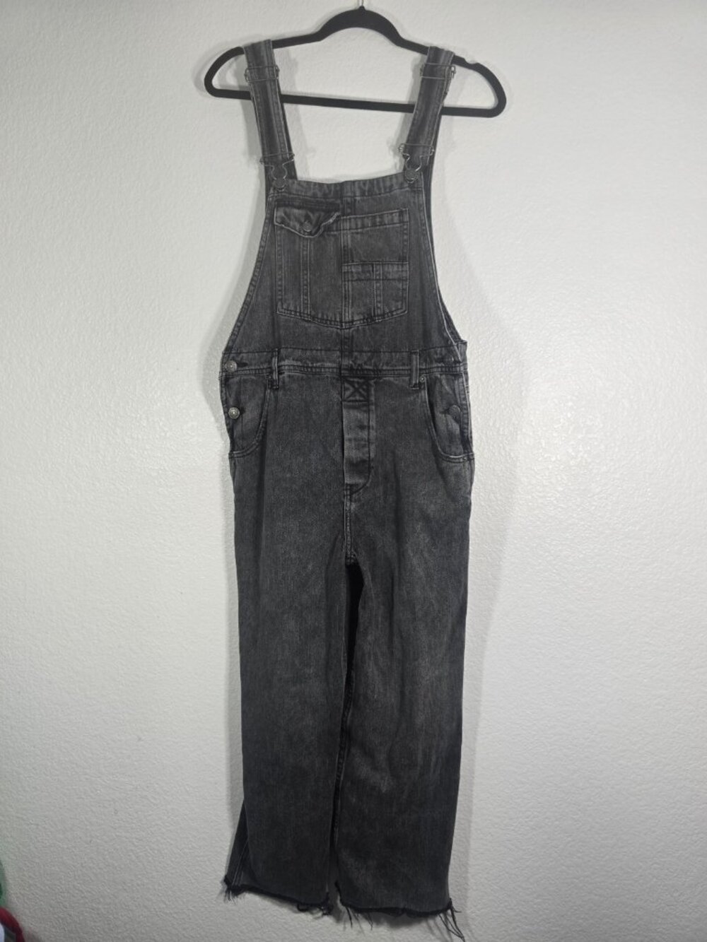 We The Free Free People Overalls Women Size 27 Black Denim Raw Hem Straight Leg